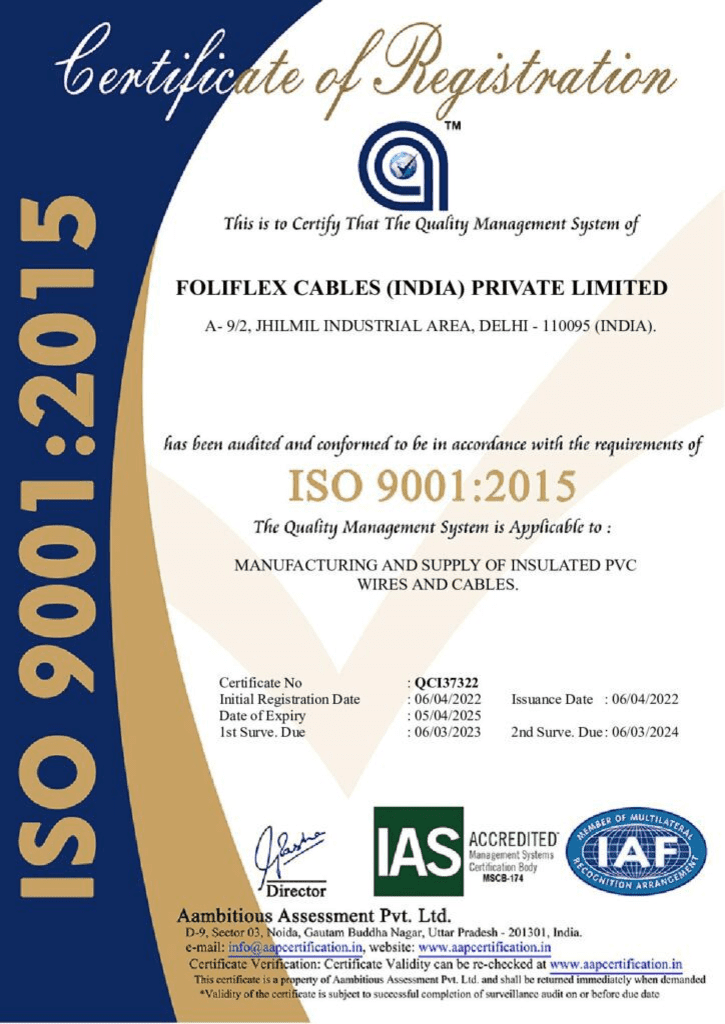 ISO 9001:2015 Certificate of Registration - FoliFlexCables