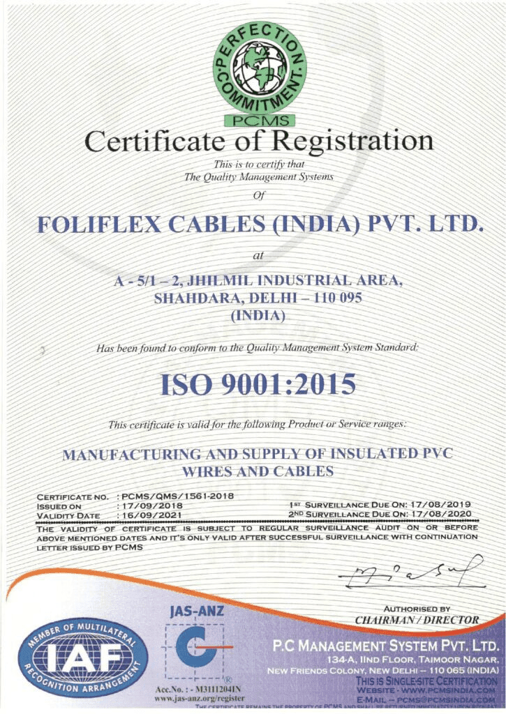 PCMS Certificate of Registration - FoliFlexCables