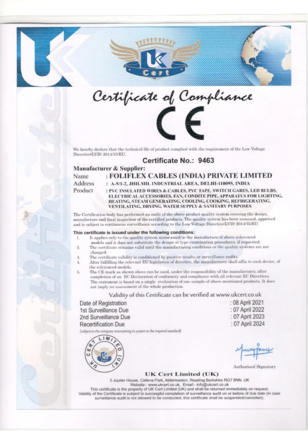 Foliflex certification document 6